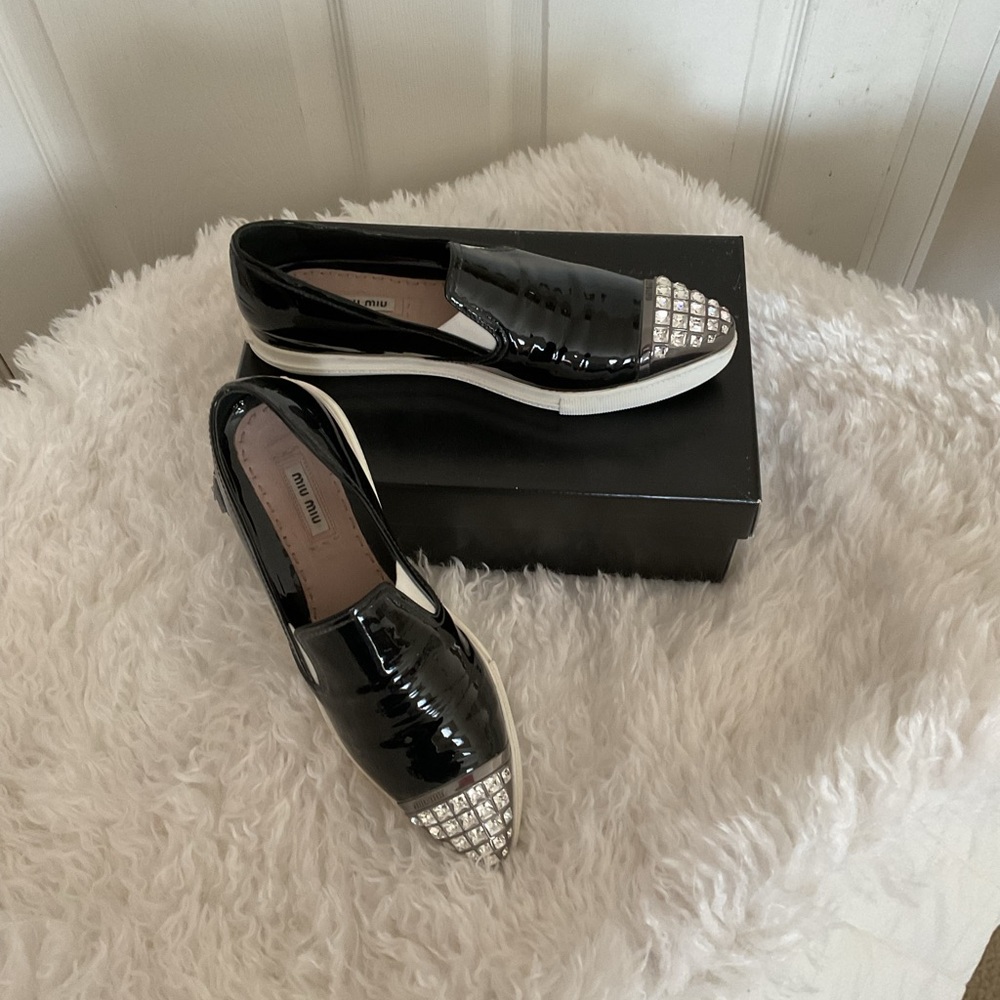Miu Miu Black Patent Leather Studded Loafers